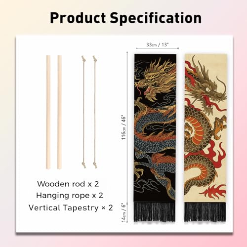 PLIGREAT 2 Pack Dragon Totem Wall Tapestry, Japanese Style Wall Hanging with Tassels Chinese Vintage Aesthetic Vertical Tapestry for Bedroom Living Room Home Decorations, 52 x 13 Inch - color: red,blue