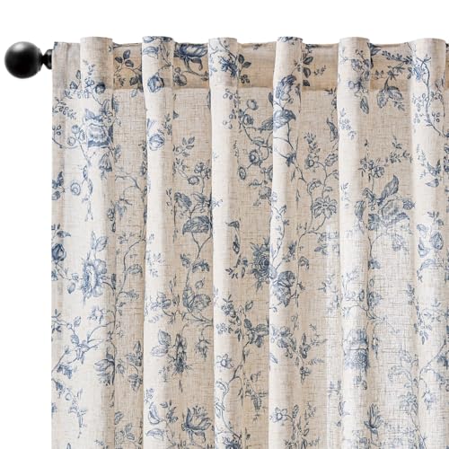 jinchan Linen Curtains 63 inch Blue Floral Farmhouse Rod Pocket 2 Panels - color: Amlie Blue, size: 50"W x 63"L (Pack of 2)