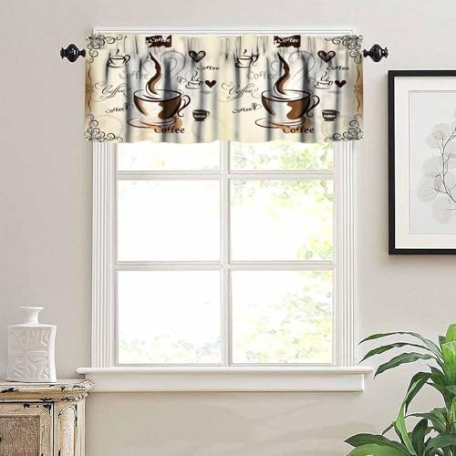 Coffee Valance Curtains, Retro Latte Cappuccino Cafe Beans Farmhouse Country Theme Print Window Treatment Valances for Kitchen Dinning Room Living Room Cafe, 54x18 Inch - color: Coffee-2, size: 53"W x 18"L (Pack of 1)