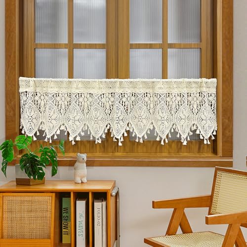 Boho Crochet Lace Sheer Curtain Valance for Kitchen Windows - size: 71"W x 15"L (Pack of 1)