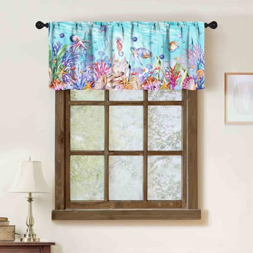 Nautical Coastal Kitchen Valance,Ocean Themed Coral Seashell Beach Starfish Seahorse Summer Underwater Animal Printed Short Curtains for Bedroom Living Room Bathroom 1 Piece,54x18 Inch - color: Coastal-15