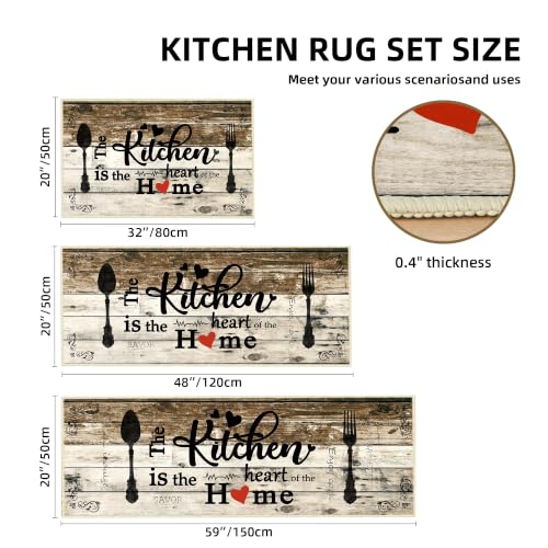 Non Slip Kitchen Mats for Floor Washable Kitchen Rugs 3 Piece,Coffe Wooden - color: Heart-coffe Wooden, size: 20"x32"+20"x48"+20"x59"