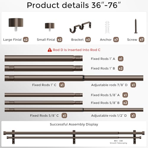 Double Curtain Rod, 36-76 Inch Bronze Modern Heavy Duty Dual Rods - color: Bronze, size: 36"-76"