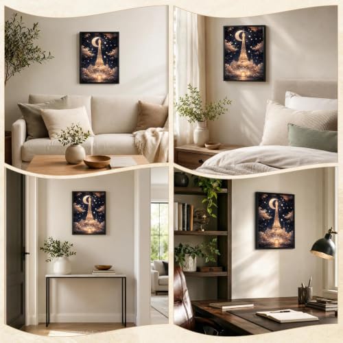 Framed Canvas Wall Art Paris Eiffel Tower Moon Night Wall Decor, 12x16 Inch - color: Gold2