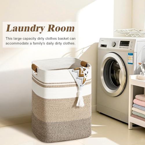 Laundry Hamper, 75L Tall Laundry Basket with Leather Handles, Rectangle Large Clothes Hamper for Organizing, Cotton Woven Laundry Baskets Storage Hampers for Bedroom, Nursery, Living Room - color: Jute & Rice Brown, size: 75L