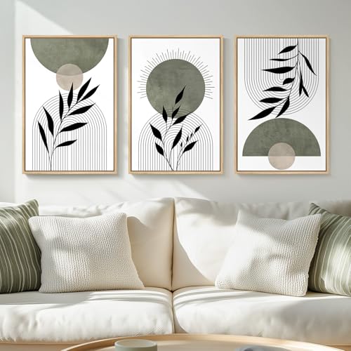 Framed Boho Abstract Sage Green Botanical Leaves Wall Art Bedroom, 16x24 In - color: Green Black, size: 24" H x 16" W x 3Pcs