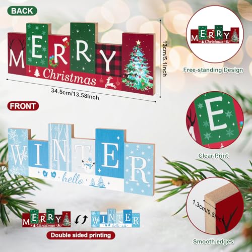Christmas Table Decorations Wooden Winter Table Centerpieces Merry Christmas Reversible Double-sided Pattern Sign Standing Tabletop Merry for Holiday Office Desk Party Shelf Farmhouse