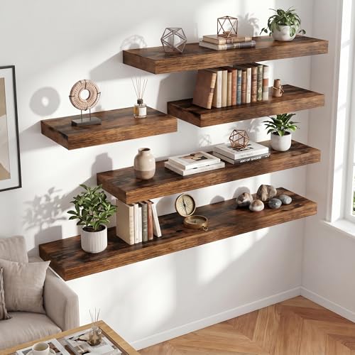 24 Inch Long Floating Shelves for Wall Set of 2, 12"D Wood Grain Shelves - color: Rustic Brown, size: 24"Wx12"Dx2"H, 2P