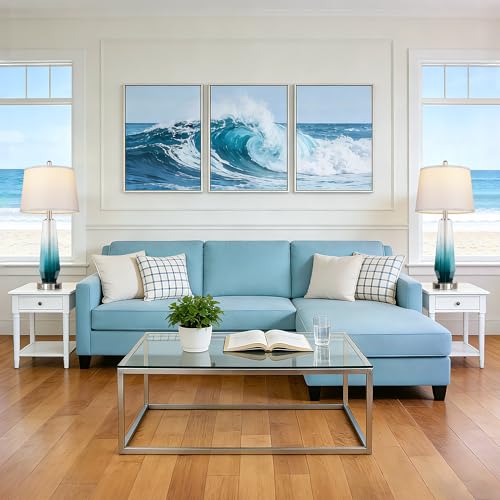 QiMH Glass Table lamps for living room, Modern Bedside Lamps for Bedrooms,27.5" Tall Nightstand Lamps Set of 2 with 3-Way Dimmable Touch Control, White Linen Shade,USB A/C Charging Ports,Gradient Teal - color: Teal 2