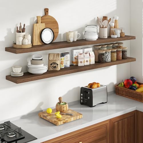 Acovy 72 Inch Floating Shelves, 8 Inch Deep Floating Shelves for Wall, Hanging Shelf with Invisible Brackets, Deep Shelves for Bathroom, Bedroom, Living Room, Walnut, Set of 2 - color: Walnut, size: 8"Wx72"L-2pcs