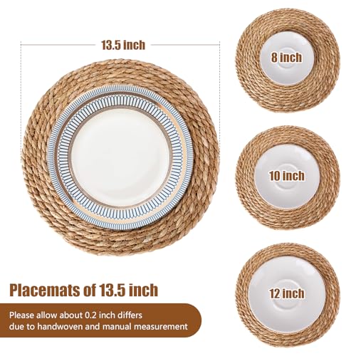 Round Woven Placemats 13.5 inch Set of 6, Boho Hand-Woven Rattan Natural Water Hyacinth Placemats, Farmhouse Weave Chargers, Heat Resistant Rustic Braided Wicker for Dining Table,Kitchen,Wedding,Home - size: 13.5inch Set of 6