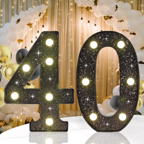 Black Glitter LED Marquee Number 40, Warm White Light Decor Sign - size: Number-40