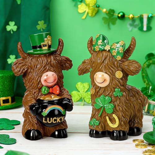 2 Pack Resin St. Patrick's Day Highland Cow Decor Gifts - style: St. Patrick’s Day