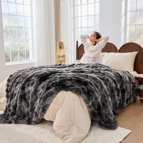 Fluffy Throw Blanket - Luxury Faux Rabbit Fur, Soft, Warm, Cozy & Fuzzy - Tie-Dyed Purple Dark Grey (King Size 108''x90'') - color: Tie-dyed Dark Grey, size: King(108''x90'')