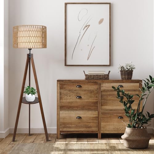 LAMSU Boho Tripod Floor Lamp with Shelves, Mid Century Wood Standing Lamp with Rattan & Fabric Shades, ON/Off Foot Switch, Modern Farmhouse Tall Floor Lamps for Living Room Bedroom Office - color: Walnut Brown