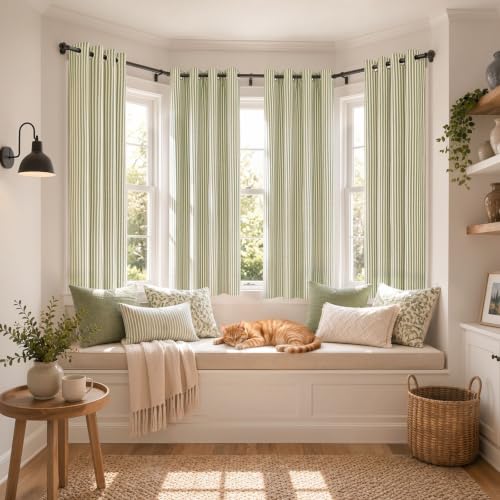 Vangao 100% Blackout Green Striped Curtains for Living Room Bedroom - color: Boxter Striped 100% Blackout| Green on Beige, size: 50"W x 63"L (Pack of 2)