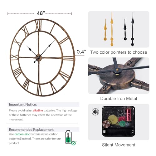 32 Inch Large Silent Wall Clock, Easy Assembly Roman Numeral Bronze - color: Bronze Metal Wall Clock, size: 32inch