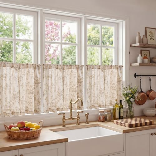 jinchan Floral Linen Kitchen Tier Curtains, 24 Inch, 2 Panels, Taupe - color: Amlie Taupe, size: 26"W x 24"L (Pack of 2)
