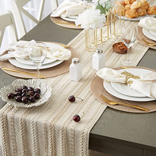 DII Braided Stripe Table Runner, 15x108 with 2.5" Fringe, Vintage Linen