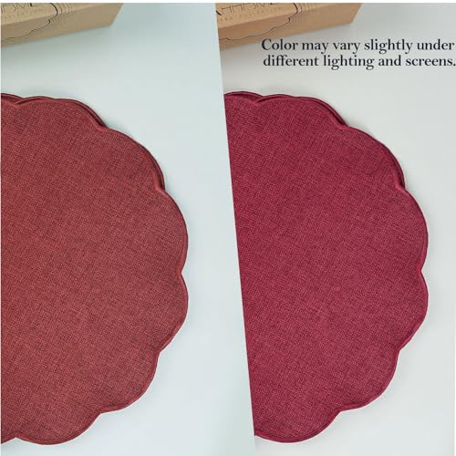 AHHFSMEI Round Scalloped Placemats Set of 6 15 Inch Faux Linen - color: Burgundy Red