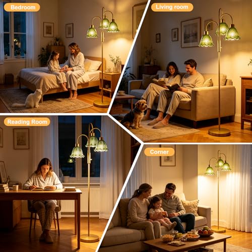Glass Floor Lamp 3-Light 70" Green Flower Gold Dimmable Tall Standing Lamps - color: Green Flower-Gold