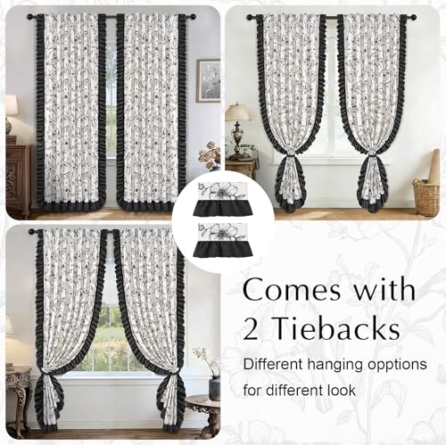 Yinhua Floral Linen Curtains for Living Room 84 Inch Length Farmhouse French Bedroom Curtains with Ruffle and Tieback, Light Filtering Window Curtain Rod Pocket Back Tab Drapes, 52"W x 84"L, 2 Panels - color: Black, size: 52"W x 84"L (Pack of 2)