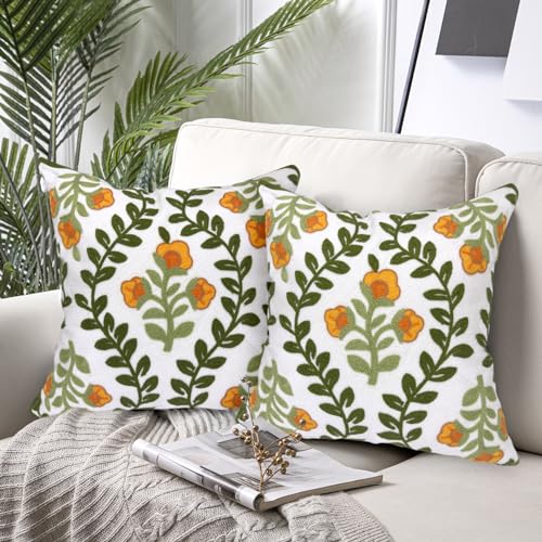 Alysheer Embroidered Decorative Throw Pillow Cover 18"x 18" Set of 2,Orange - color: Orange Green, size: 18" x 18" (Pack of 2)