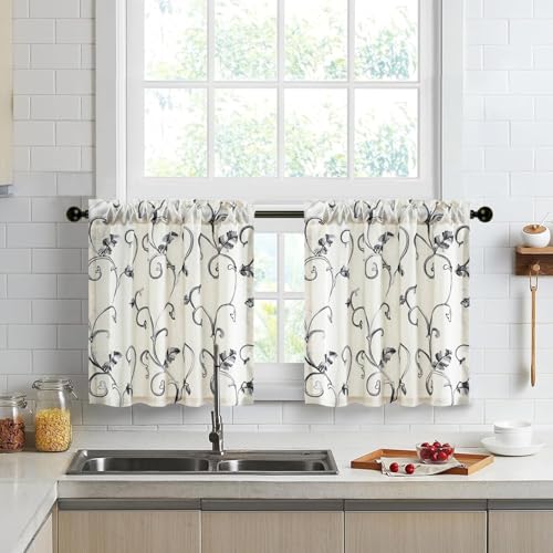 VOGOL Gray Vine Tier Curtains, 30 x 24 Inches, 2 Panels - color: Grey, size: 30"W x 24"L (Pack of 2)