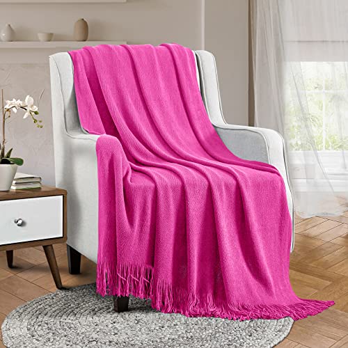 Vonty Hot Pink Knitted Throw Blanket with Tassels Fringe, 50x60 Acrylic - color: Hot Pink, size: 50" x 60"