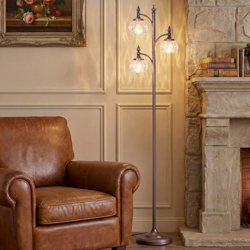 JUNNAI Brown Floor Lamps for Living Room Standing Lamp with 3 Brightness Lights Glass Shade 66.5in Flower Lamp for Bedroom Office Corner(3LED Bulbs Included) - color: Brown-2