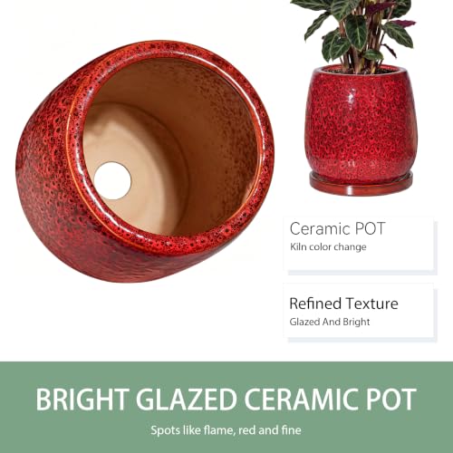 10.3 Inch Ceramic Glaze Plant Pot with Saucer, Flower Pots with Drainage Hole Mesh Net (Spot Red) - color: Spot Red