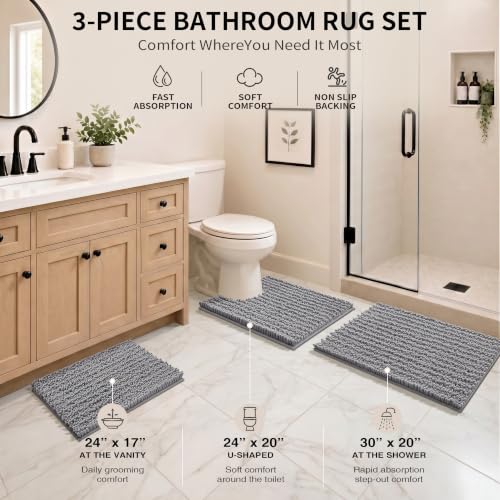 Yimobra Bathroom Rug Set 3 Piece, Super Water Absorbent Bath Mat Set, Grey - color: Grey, size: 24"x17" + 24"x20" + 30"x20"