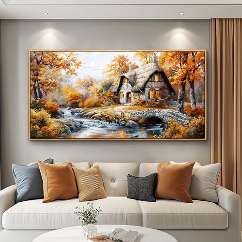QIYILEXWART Canvas Wall Art For Living Room Large Wall Decor For Office Bedroom Decorations Autumn Cottage River Landscape Pictures Farmhouse Painting Artwork Room Wall Mural Aesthetic Home Decor - color: Autumn Cottage River Art, size: 60"L x 30"W