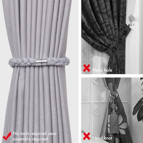 NICEEC 4 Pack Natural Cotton Rope Magnetic Curtain Tiebacks Elegant Twisted Braid Style Drape Tie Backs Soft Hand-Woven Rope Curtain Holdbacks for Home & Office Window Draperies (Light Grey-01) - color: Light Grey-01, size: 4 Pack