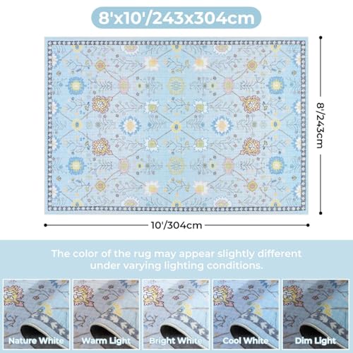 8x10 Area Rugs, Washable Floral Boho Large Rugs, Non Slip Low Pile Ultra-Thin Carpet, Indoor Door Mat for Living Room, Kids Playroom, Bedroom, Girls Dorm, Nursery (Blue Floral) - color: Blue-floral, size: 8' x 10' (Rectangular)