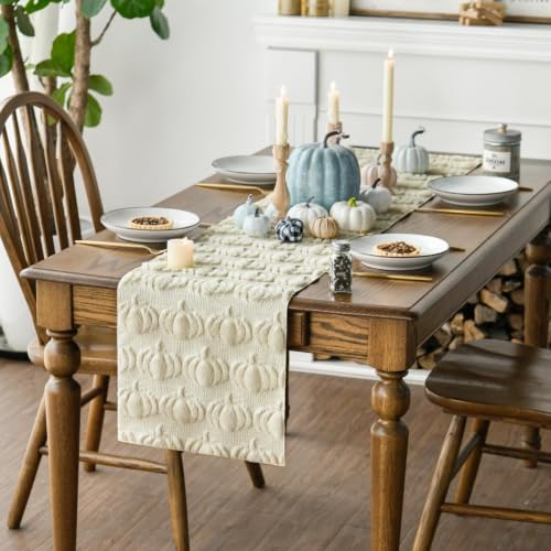 Artoid Mode Beige Soft Faux Fur Pumpkins Fall Table Runner 13x48 Inch - color: Beige, size: 13" x 48", Table Runner