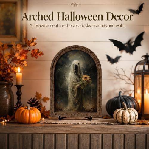 Halloween Ghost Arched Wood Frame Tabletop Decor, Vintage Gothic Wall Art - color: Color 09