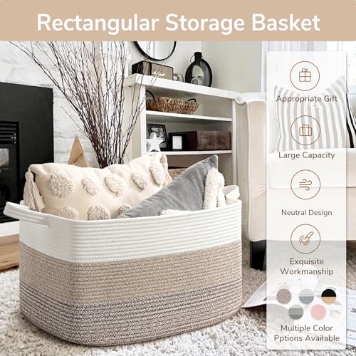 Goodpick Large Woven Rope Blanket Basket, Rectangle, Light Brown - color: Light Brown, size: Large(21.6"L x 14.9"W x 11.8"H)