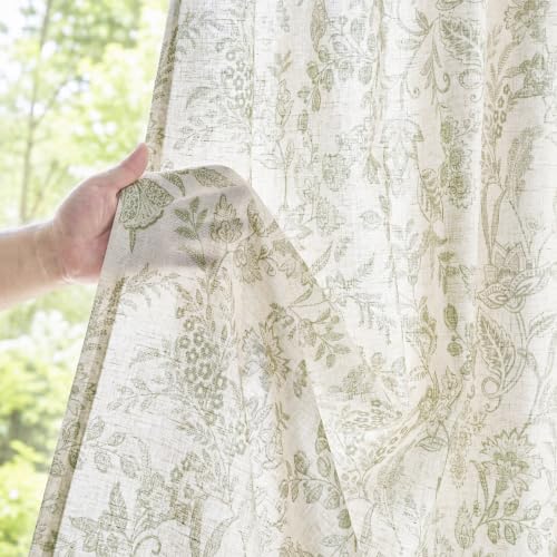 Lazzzy Green Floral Linen Curtains Farmhouse Rod Pocket 50W X 84L 2 Panels - color: Green on Beige, size: 50"W x 84"L (Pack of 2)