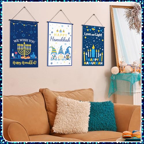 Tegeme 3 Pcs Hanukkah Door Sign Flag Chanukah Door Blue White Doors Banner - style: Hanukkah