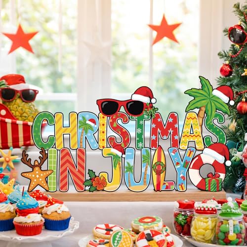 Roowest Metal Christmas in July Sign Tabletop Decor with Wooden Base - style: Summer Christmas
