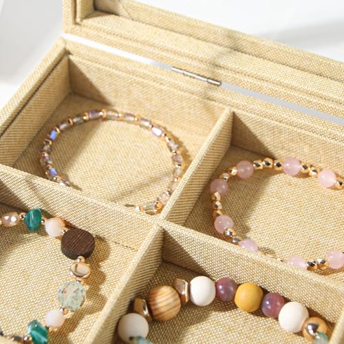 Coward Jewelry Organizer Box, Yellow Linen 12 Grids Bracelet Bangle Necklace Jewelry Display Tray Case with Transparent Glass Lid for Home Drawer Desk or Store Selling Show - color: Yellow Linen, size: 12Grids Box