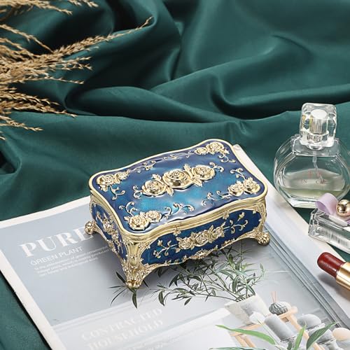Hipiwe Metal Jewelry Box with Rose Pattern - Vintage Trinket Organizer Box Rectangular Keepsake Storage Box for Ring Earrings Necklaces Home Decor Gift for Women, Blue - color: Blue, size: Small