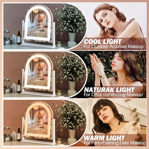 FENNIO Vanity Mirror with Lights 15"x13" Makeup Mirror with Lights, Lighted Makeup Mirror Touch Screen with 3-Color Lighting, 10X Magnification, Dimmable, for Vanity Desk Tabletop(White) - color: White, size: 15"L x 13"W