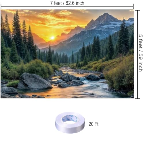 Mountain River Sunset Backdrop Nature Landscape Photography Background Cloth, Scenic Outdoor Forest Wall Hanging Tapestry for Photo Studio, Party Décor 7x5ft (82.6 x 59 Inch) - size: 82.6 x 59 Inch