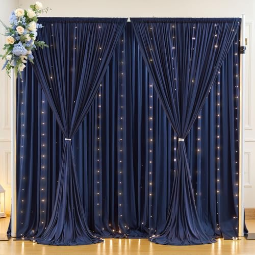 10 x 10 Navy Blue Backdrop Curtains with Lights String for Party - color: Navy Blue, size: W5' x H10'(2 panels)