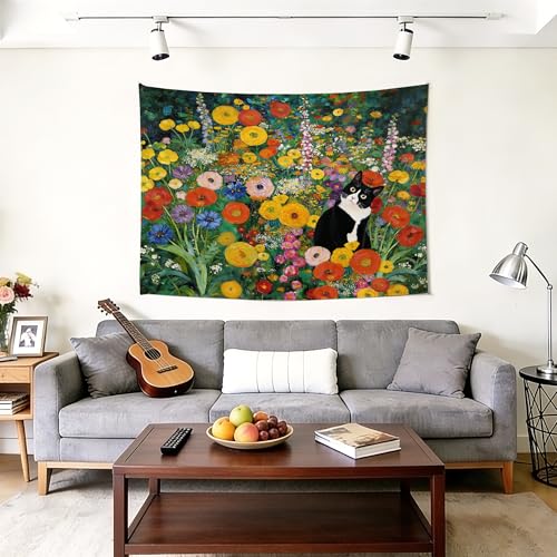 gsgfdshf Gustav Klimt Inspired Tuxedo Cat Wall Tapestry, Cat Room Decor, Colorful Floral Black and White Kitty Tapestry Wall Hanging for Bedroom Living Room Home Decor, 50x60 Inch - color: Animal-Tapestry-B