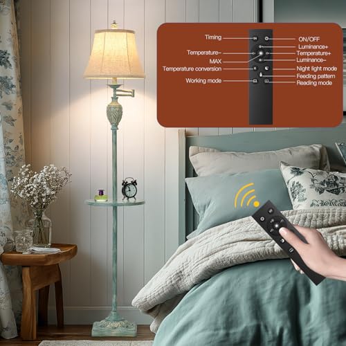 Traditional Floor Lamp withTray,Remote Dimmable,350°Swing Arm Antique Green - color: Antique Green-1
