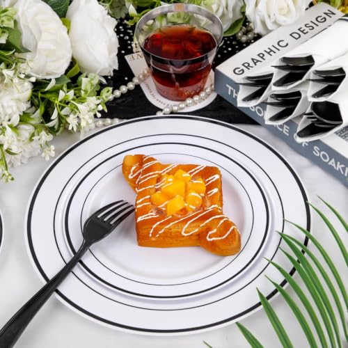 WELLIFE 210Pcs Black Plastic Dinnerware with Pre Rolled Napkins, Include:30 Dinner Plates, 30 Dessert Plates, 30 Paper Napkins, 30 Cups, 90 Plastic Cutlery - color: Black, style: 210PCS(30 Guests)
