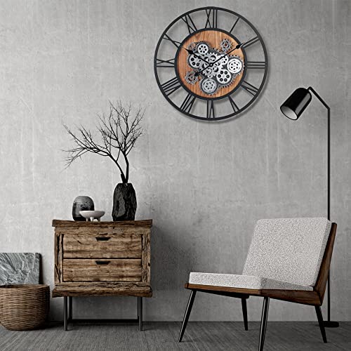 Lafocuse 23 Inch Steampunk Large Wall Clock with Moving Gears Wooden Brown